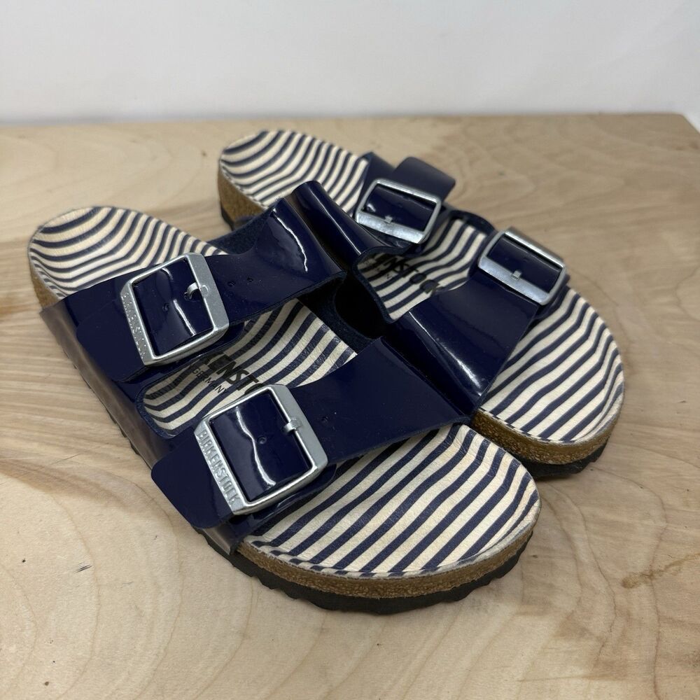 Birkenstock Navy Patent Two-Strap Sandals with Striped Footbed - Picture 1 of 9